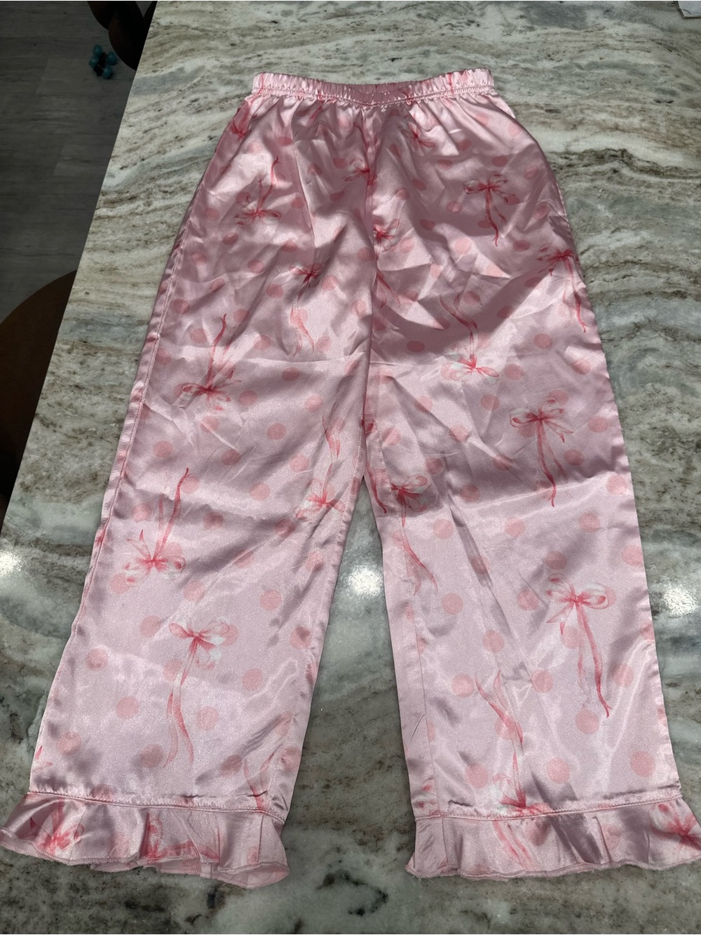Girls Pink Satin Pajama Pants with Bow Print